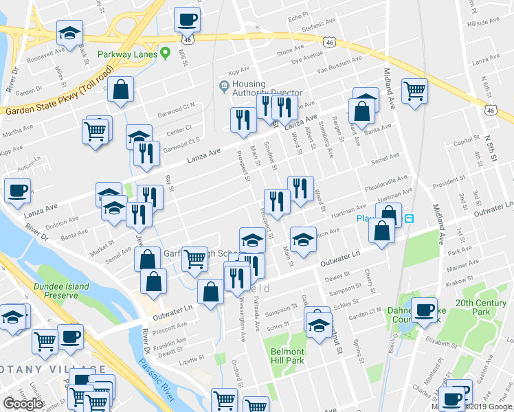 map of restaurants, bars, coffee shops, grocery stores, and more near 224 Semel Avenue in Garfield