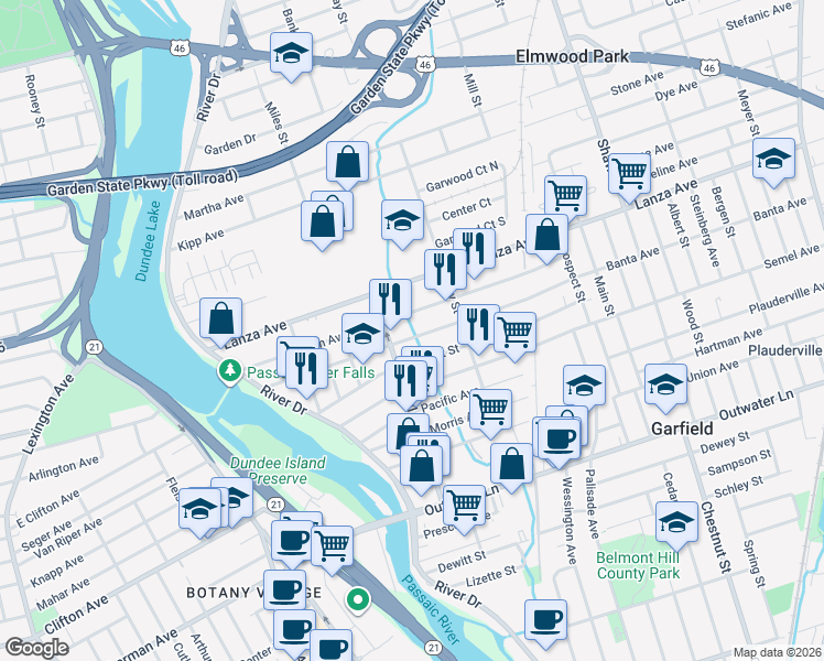 map of restaurants, bars, coffee shops, grocery stores, and more near 146 Division Avenue in Garfield