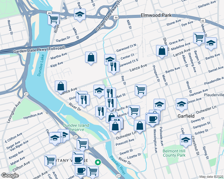 map of restaurants, bars, coffee shops, grocery stores, and more near 146 Division Avenue in Garfield