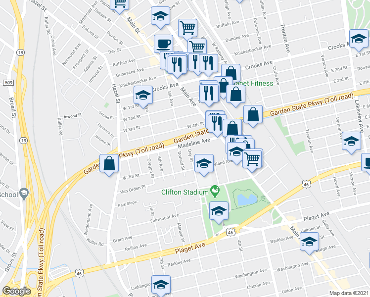 map of restaurants, bars, coffee shops, grocery stores, and more near 73 Madeline Avenue in Clifton