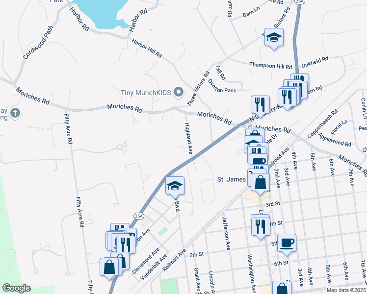 map of restaurants, bars, coffee shops, grocery stores, and more near 7 Highland Avenue in Saint James