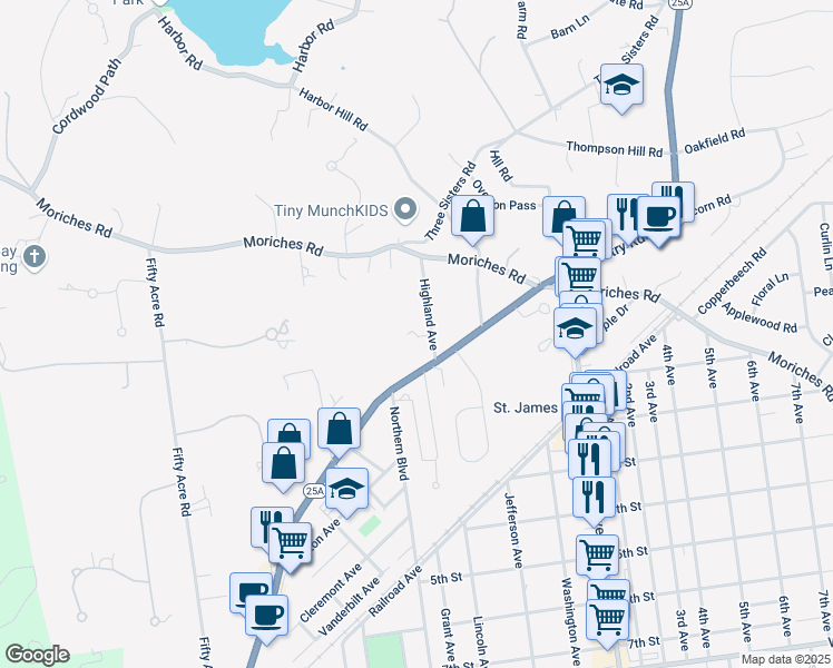 map of restaurants, bars, coffee shops, grocery stores, and more near 7 Highland Avenue in Saint James