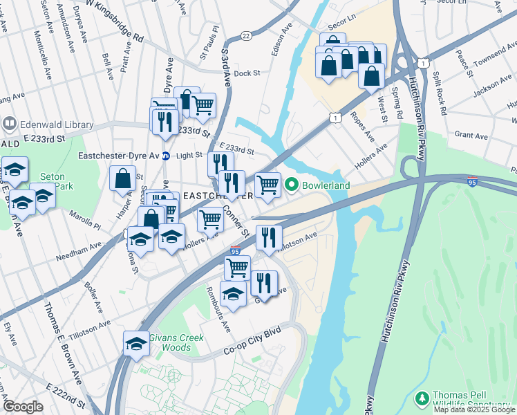 map of restaurants, bars, coffee shops, grocery stores, and more near 3520 Peartree Avenue in The Bronx