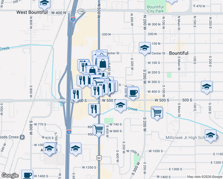 map of restaurants, bars, coffee shops, grocery stores, and more near 388 South 425 West in Bountiful