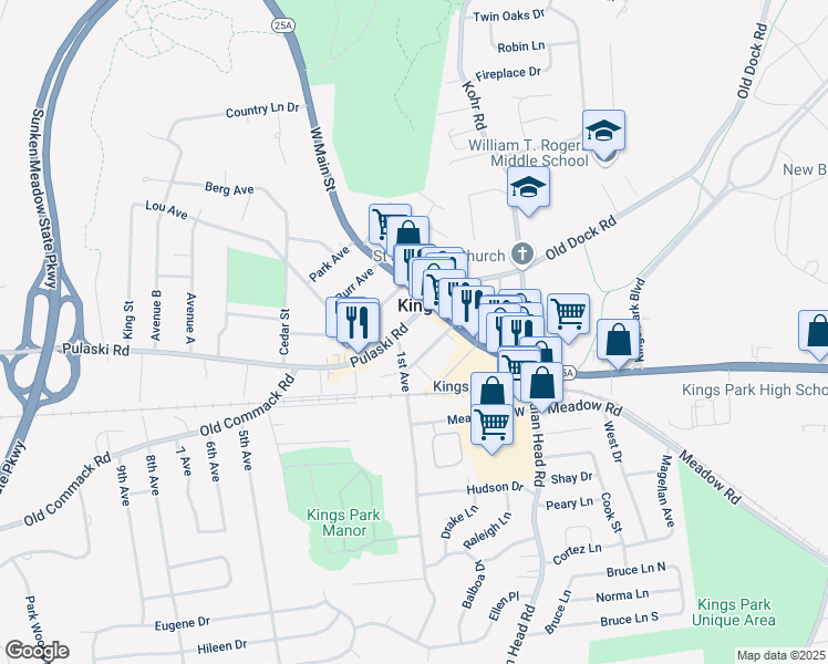map of restaurants, bars, coffee shops, grocery stores, and more near 28 Pulaski Road in Kings Park