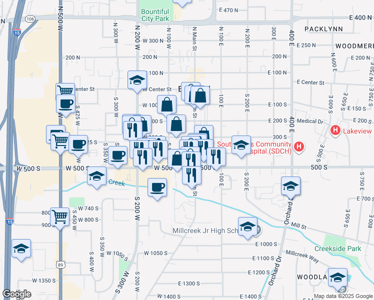 map of restaurants, bars, coffee shops, grocery stores, and more near 32 West 400 South in Bountiful