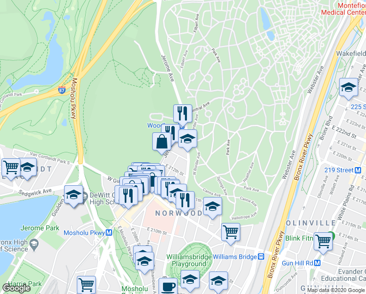 map of restaurants, bars, coffee shops, grocery stores, and more near 3617 Bainbridge Avenue in The Bronx