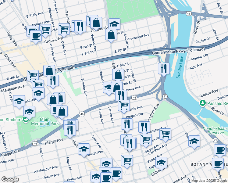 map of restaurants, bars, coffee shops, grocery stores, and more near 146 Merselis Avenue in Clifton
