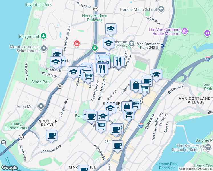 map of restaurants, bars, coffee shops, grocery stores, and more near 460 West 236th Street in The Bronx