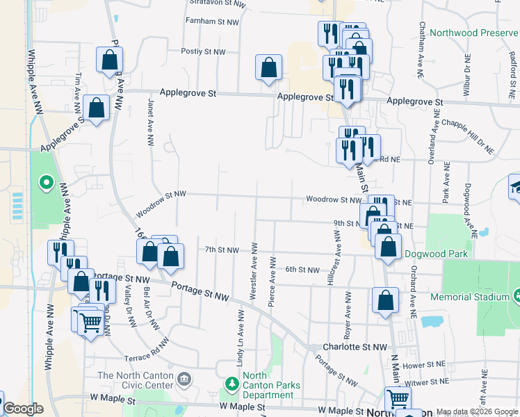map of restaurants, bars, coffee shops, grocery stores, and more near 976 Werstler Avenue Northwest in North Canton