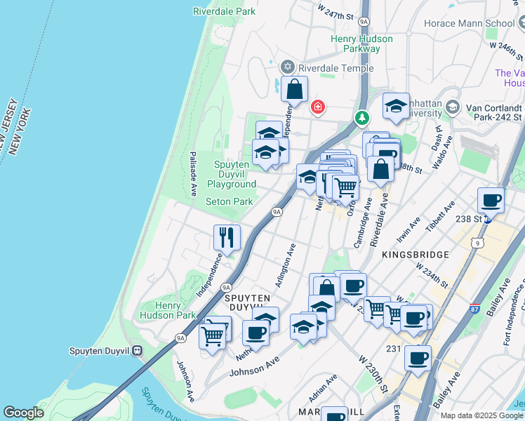 map of restaurants, bars, coffee shops, grocery stores, and more near 3333 Henry Hudson Parkway in Bronx