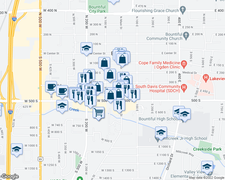map of restaurants, bars, coffee shops, grocery stores, and more near 52 400 South in Bountiful
