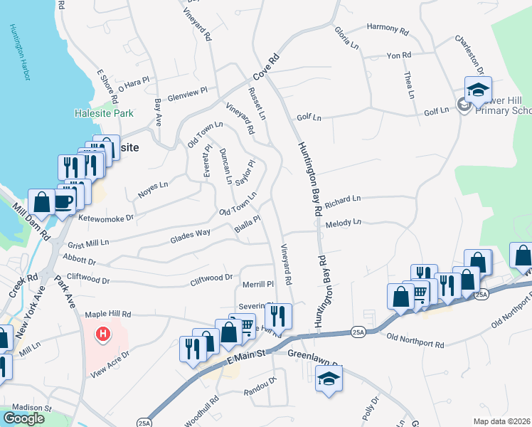 map of restaurants, bars, coffee shops, grocery stores, and more near 103 Fort Hill Road in Halesite