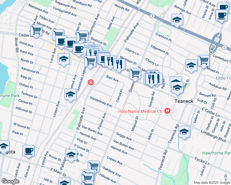 map of restaurants, bars, coffee shops, grocery stores, and more near 727 Palmer Avenue in Teaneck