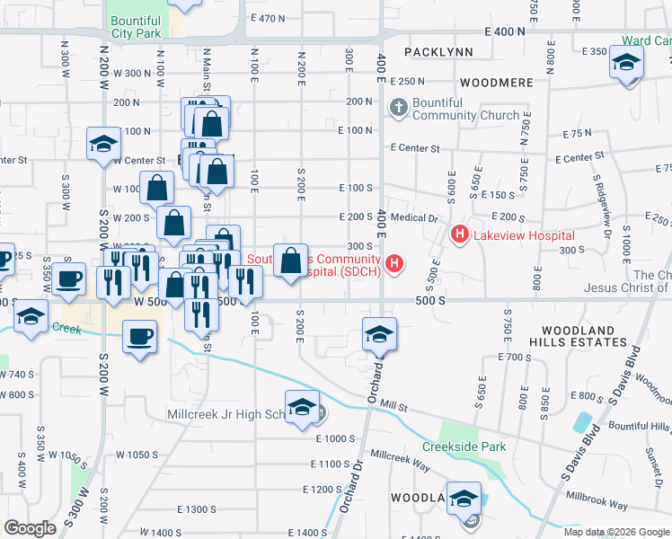 map of restaurants, bars, coffee shops, grocery stores, and more near 279 400 East in Bountiful