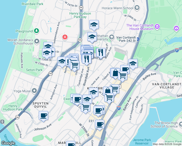 map of restaurants, bars, coffee shops, grocery stores, and more near 3585 Greystone Avenue in Bronx
