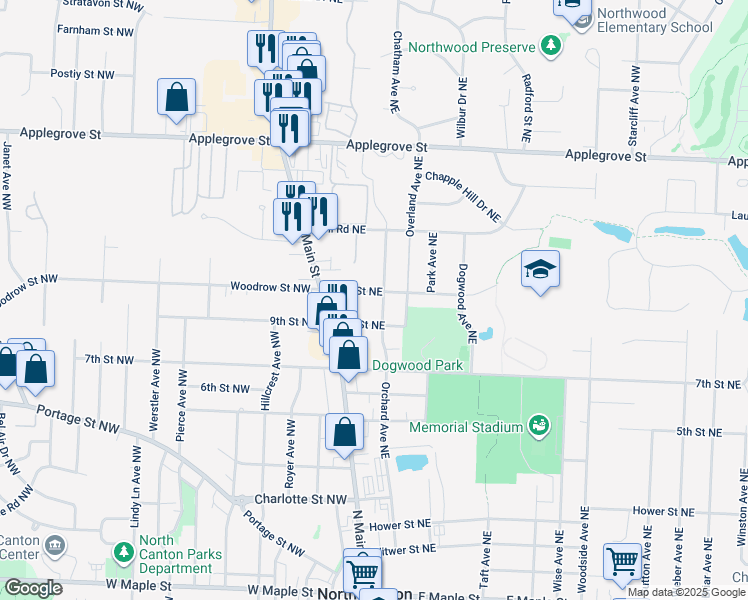 map of restaurants, bars, coffee shops, grocery stores, and more near 158 10th St NE in North Canton
