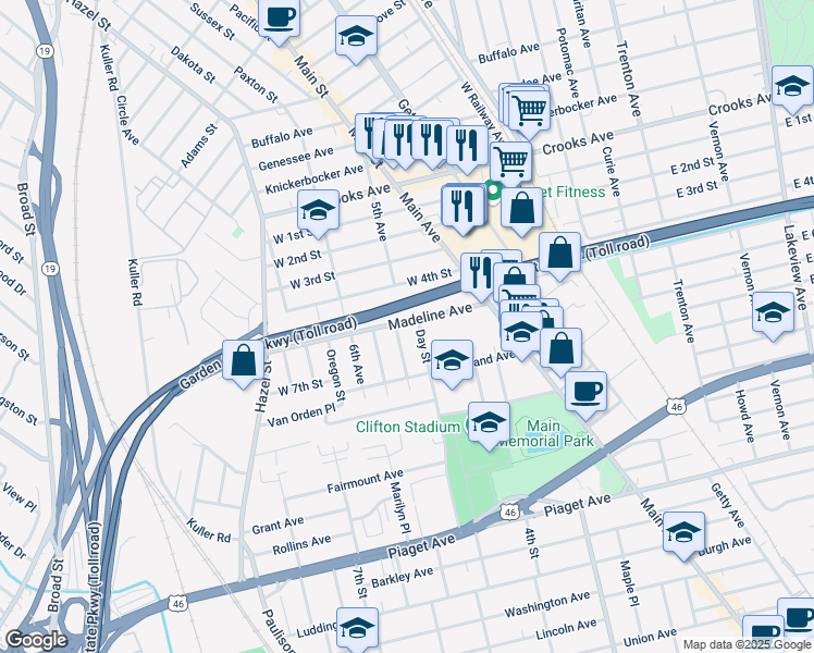 map of restaurants, bars, coffee shops, grocery stores, and more near 73 Madeline Avenue in Clifton