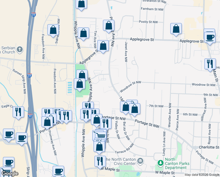 map of restaurants, bars, coffee shops, grocery stores, and more near 925 Pittsburg Avenue Northwest in North Canton