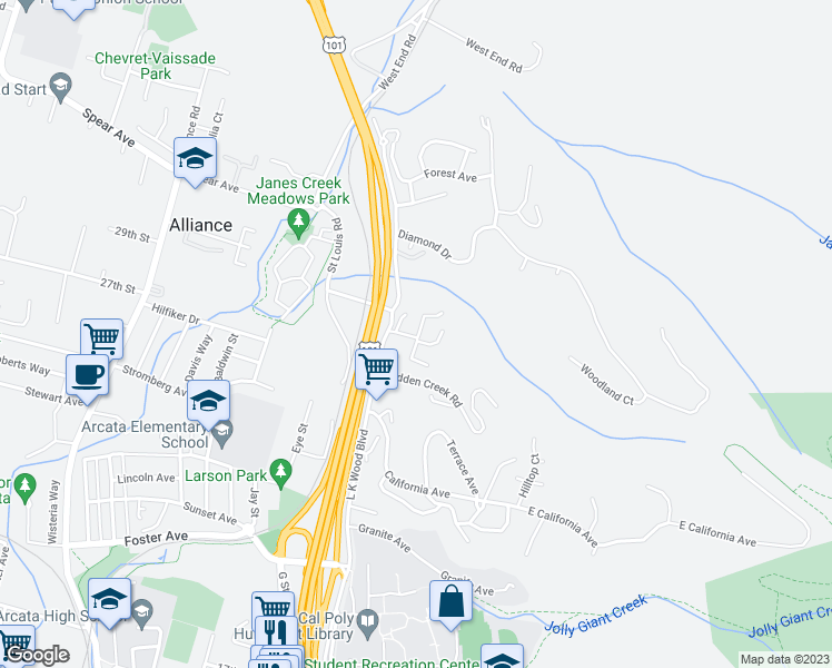 map of restaurants, bars, coffee shops, grocery stores, and more near 512 Ridge Road in Arcata