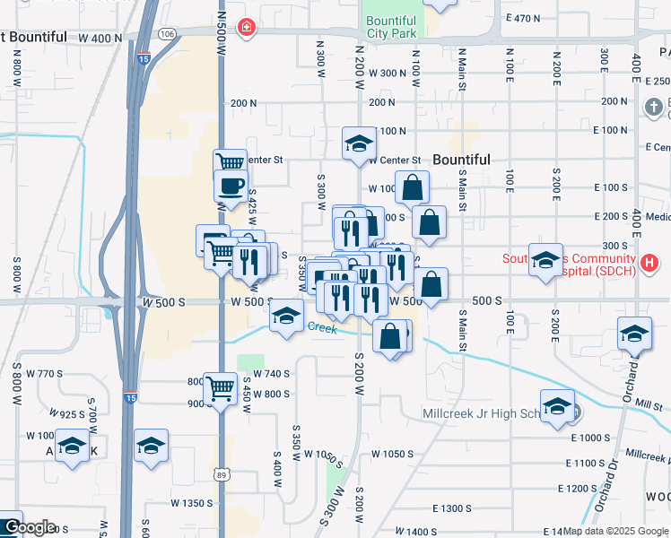 map of restaurants, bars, coffee shops, grocery stores, and more near 385 South 285 West in Bountiful