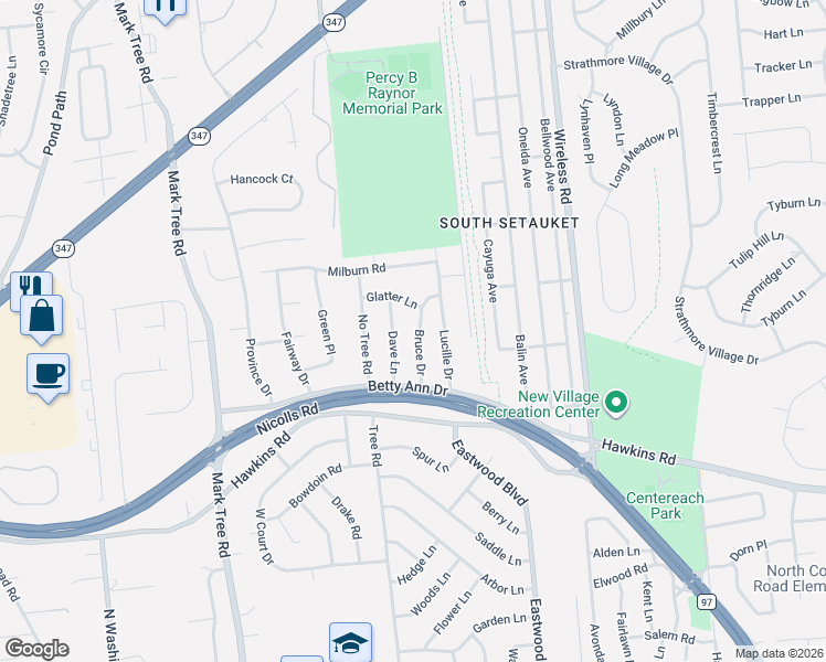map of restaurants, bars, coffee shops, grocery stores, and more near 19 Bruce Drive in Centereach