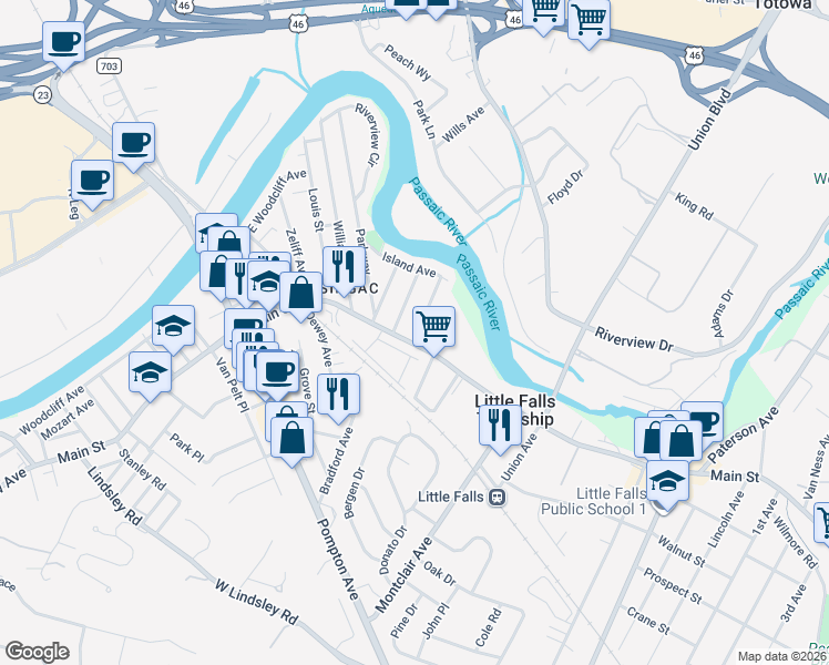 map of restaurants, bars, coffee shops, grocery stores, and more near 6 Grey Rock Avenue in Little Falls Township