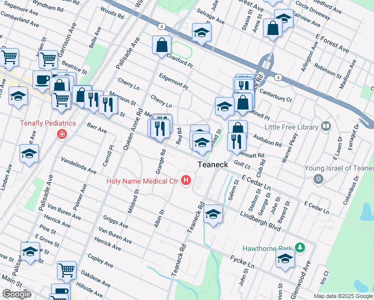 map of restaurants, bars, coffee shops, grocery stores, and more near 121 Cedar Lane in Teaneck