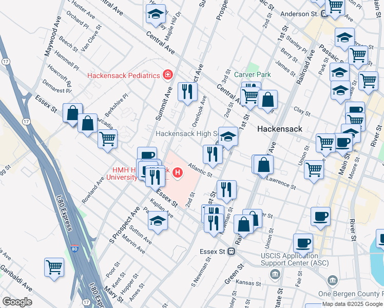 map of restaurants, bars, coffee shops, grocery stores, and more near 2ND State Street in Hackensack