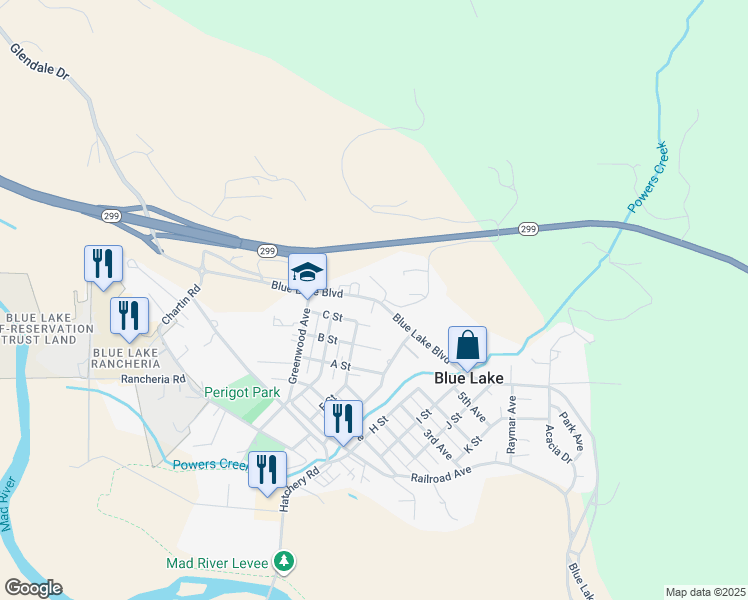 map of restaurants, bars, coffee shops, grocery stores, and more near 344 Blue Lake Boulevard in Blue Lake