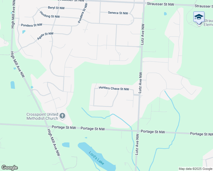 map of restaurants, bars, coffee shops, grocery stores, and more near 9335 Hunters Chase Street Northwest in Massillon