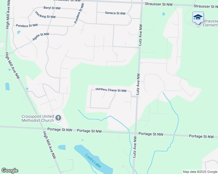 map of restaurants, bars, coffee shops, grocery stores, and more near 9335 Hunters Chase Street Northwest in Massillon