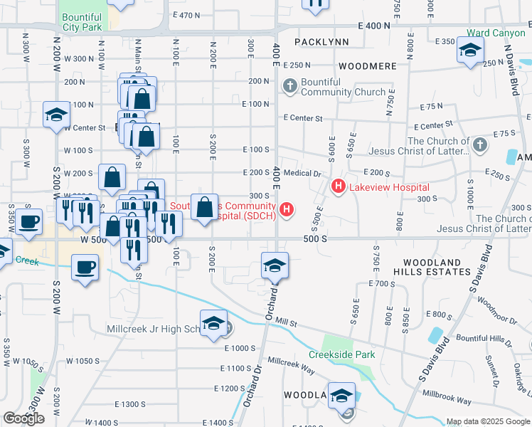 map of restaurants, bars, coffee shops, grocery stores, and more near 355 400 East in Bountiful