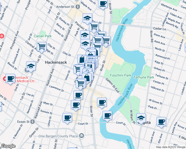 map of restaurants, bars, coffee shops, grocery stores, and more near 7 East Salem Street in Hackensack