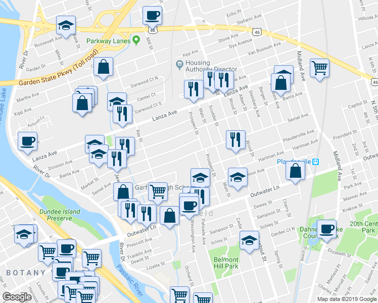 map of restaurants, bars, coffee shops, grocery stores, and more near 197 Semel Ave in Garfield
