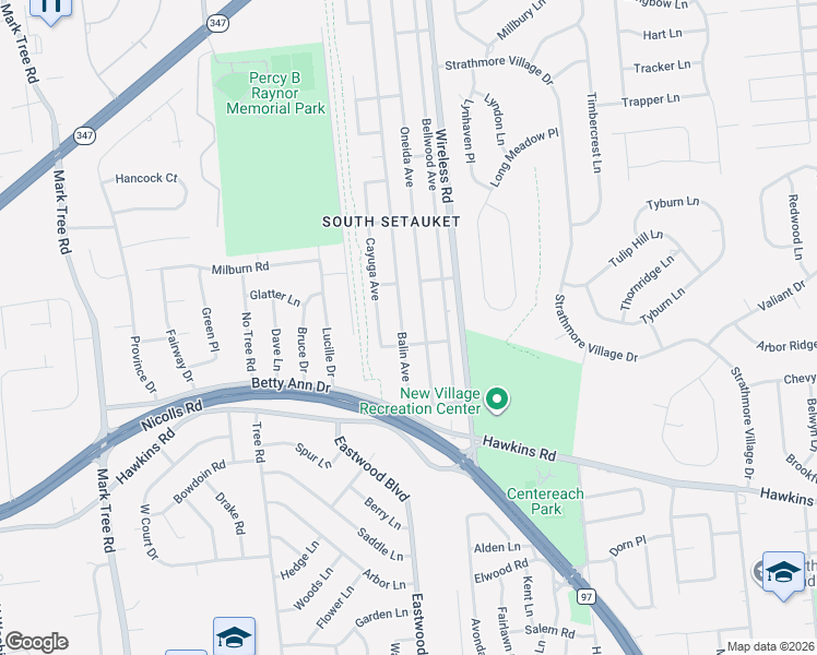 map of restaurants, bars, coffee shops, grocery stores, and more near 16 Oneida Avenue in Centereach