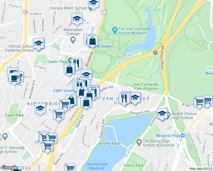 map of restaurants, bars, coffee shops, grocery stores, and more near 3865 Bailey Avenue in Bronx