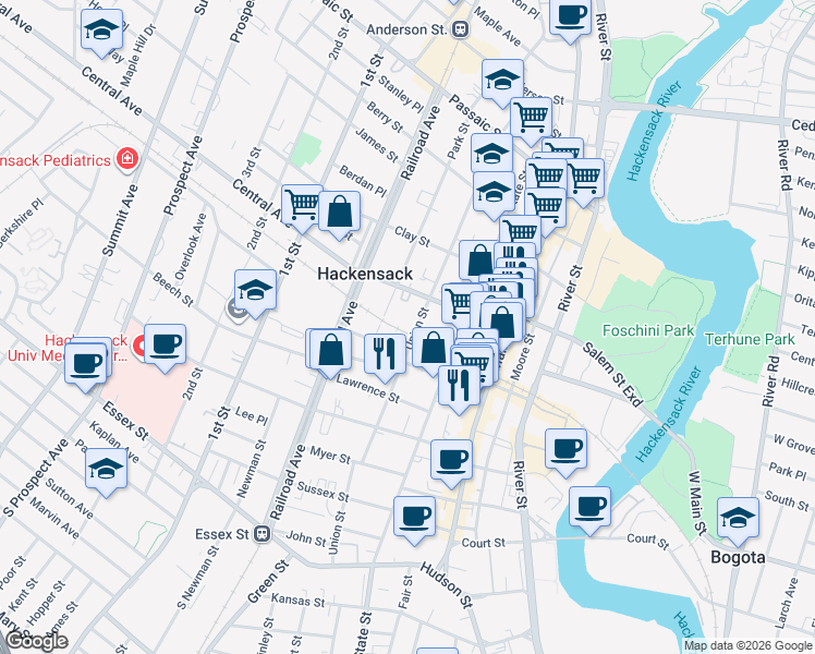 map of restaurants, bars, coffee shops, grocery stores, and more near 217 Union Street in Hackensack