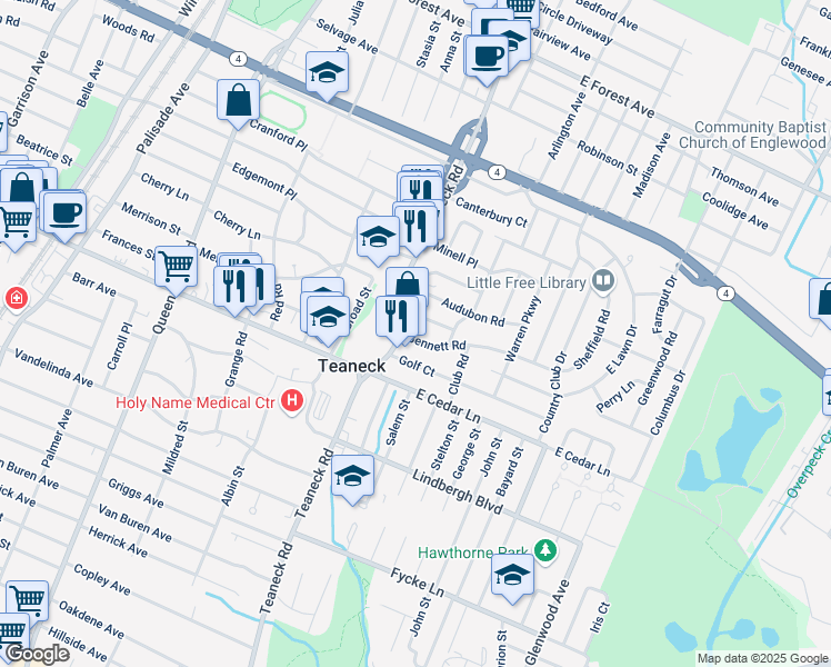 map of restaurants, bars, coffee shops, grocery stores, and more near 13 Bennett Road in Teaneck