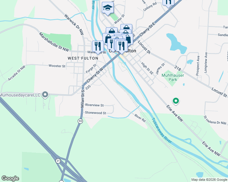 map of restaurants, bars, coffee shops, grocery stores, and more near 454 River Road in Canal Fulton