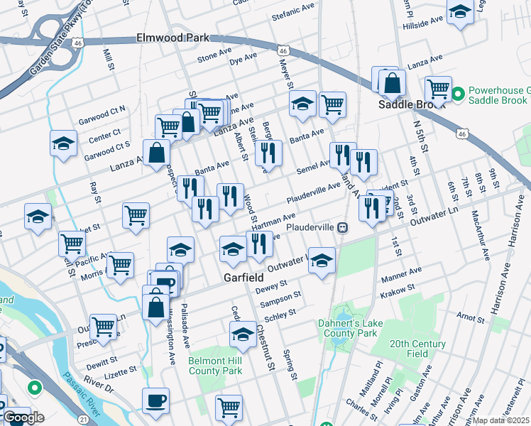 map of restaurants, bars, coffee shops, grocery stores, and more near 88 Plauderville Avenue in Garfield