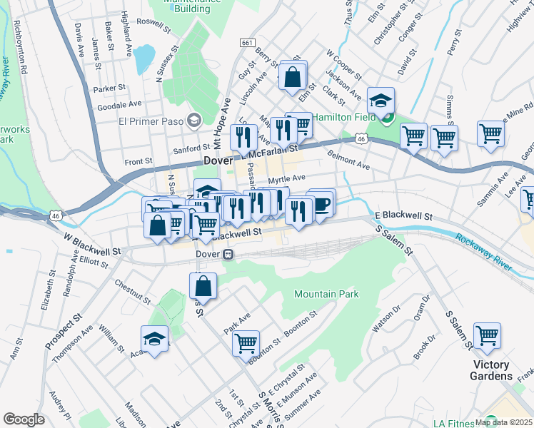 map of restaurants, bars, coffee shops, grocery stores, and more near 25 Union Street in Dover
