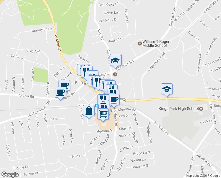 map of restaurants, bars, coffee shops, grocery stores, and more near 26 Church Street in Kings Park