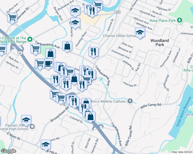 map of restaurants, bars, coffee shops, grocery stores, and more near 49 Mill Pond Road in Woodland Park