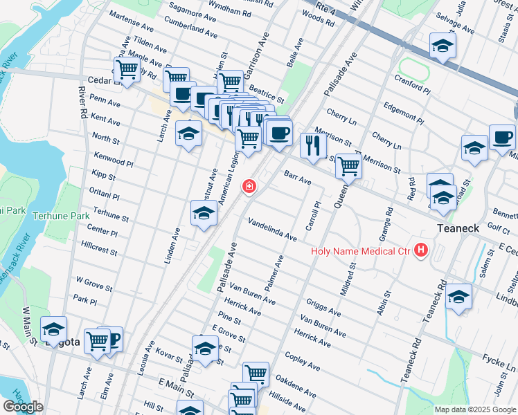 map of restaurants, bars, coffee shops, grocery stores, and more near 9 Brinkerhoff Avenue in Teaneck