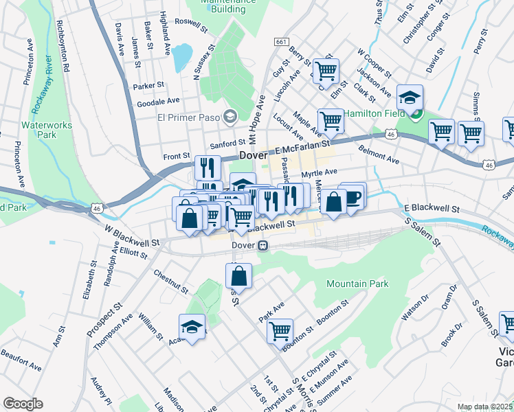 map of restaurants, bars, coffee shops, grocery stores, and more near 29 North Bergen Street in Dover