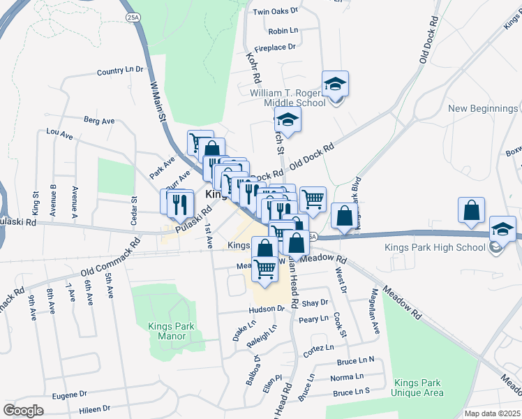 map of restaurants, bars, coffee shops, grocery stores, and more near 27 New York 25A in Smithtown