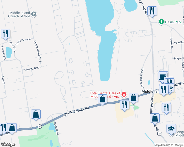 map of restaurants, bars, coffee shops, grocery stores, and more near 66 Middle Country Road in Middle Island