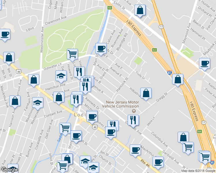 map of restaurants, bars, coffee shops, grocery stores, and more near 55 Avenue B in Lodi