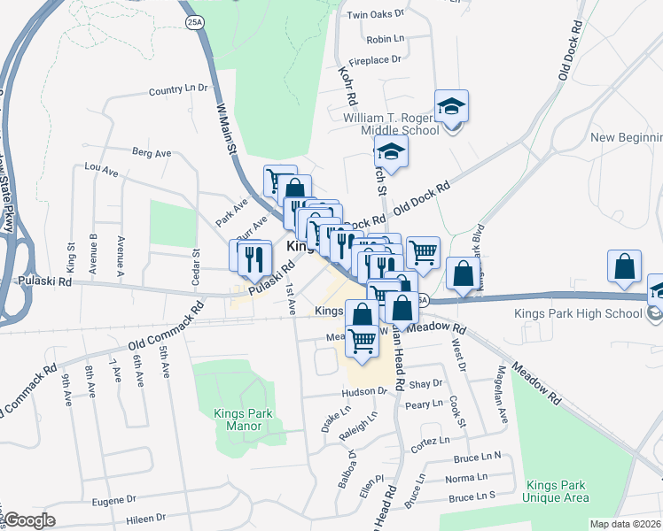 map of restaurants, bars, coffee shops, grocery stores, and more near 86 Main Street in Kings Park